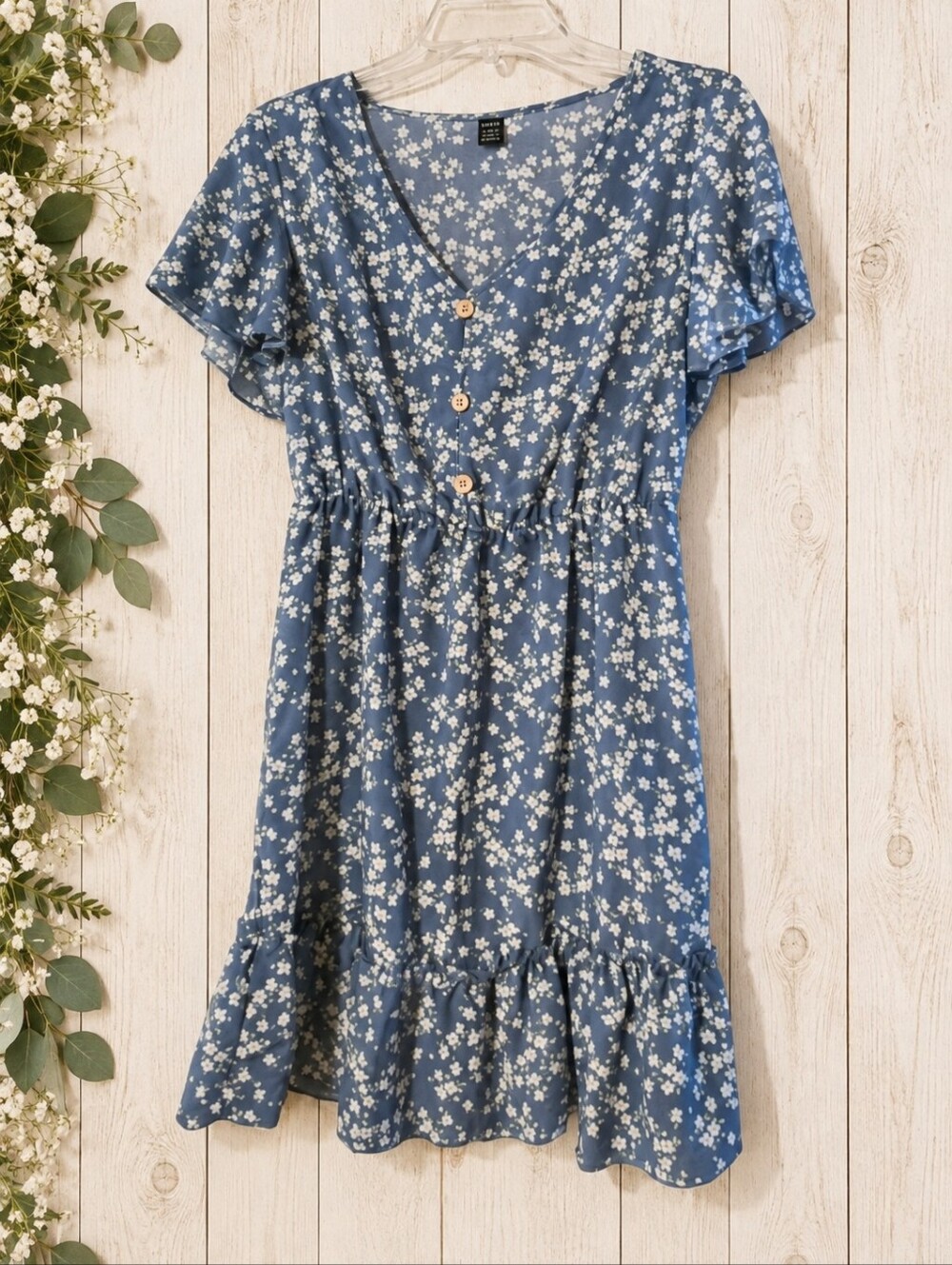 SHEIN Women’s Juniors Sz M Blue Floral Short Sleeve Fit & Flare Dress